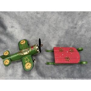 Vintage Style Metal Airplane and Wooden Sled Holiday Decor Set Green‎ Red Gold